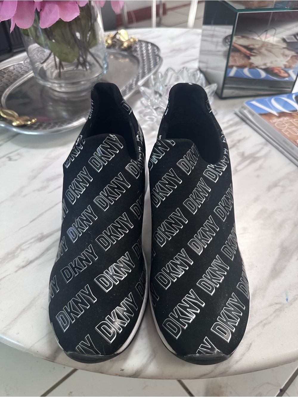 DKNY Black Logo Slip-On Sneakers with White Logo Print